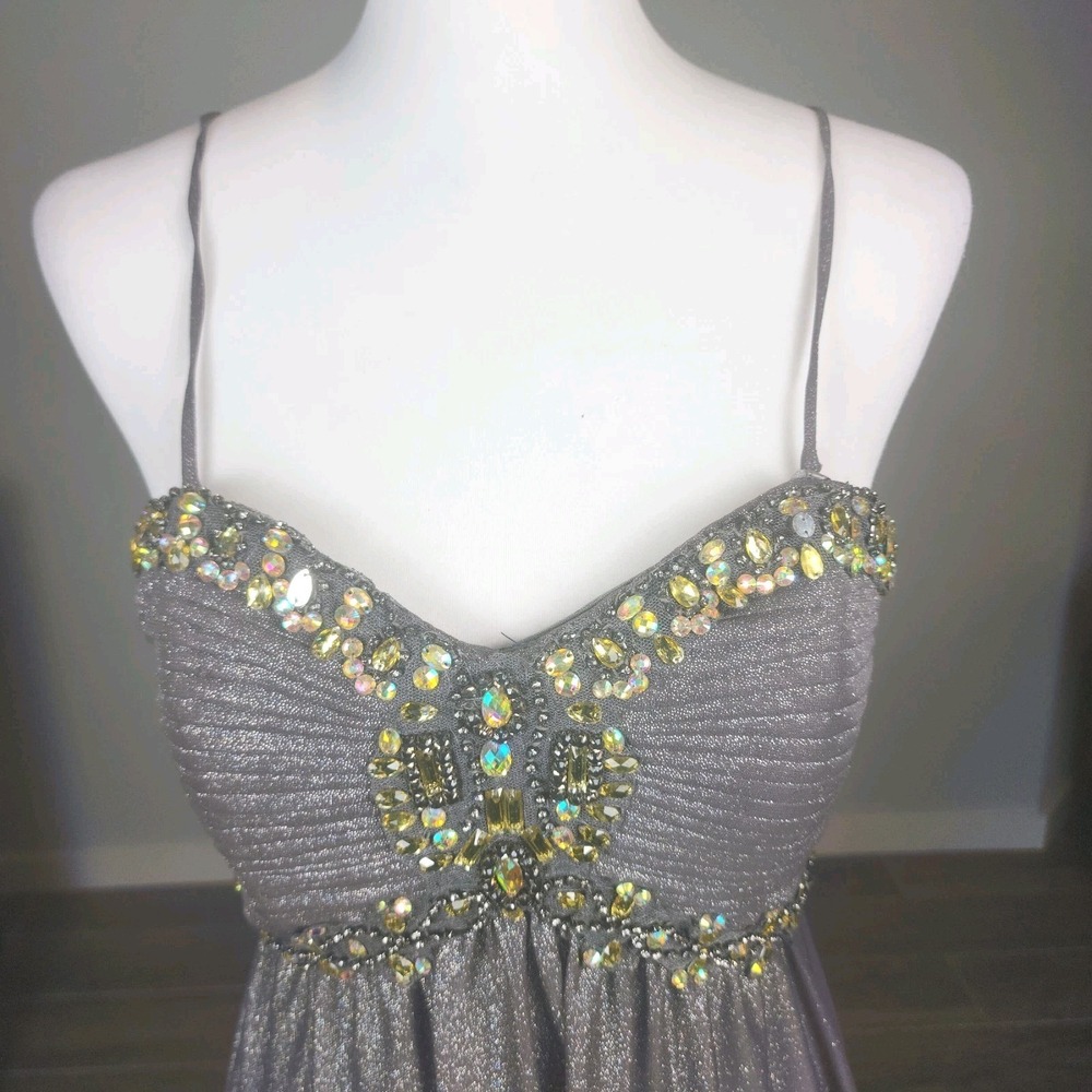 Cachet Gown Womens 8 Metallic Pewter Beaded Long Stretch Formal Black Tie Prom